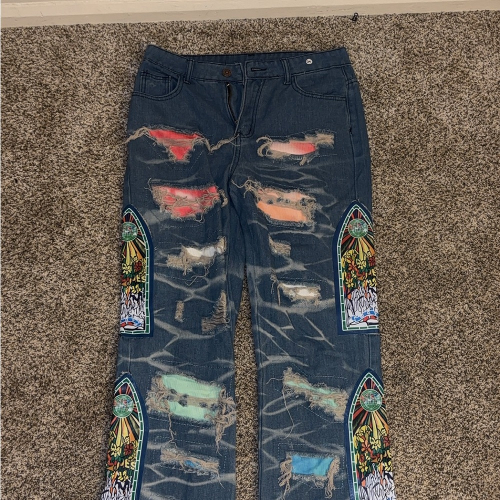 Distressed Jeans with Colorful Patchwork